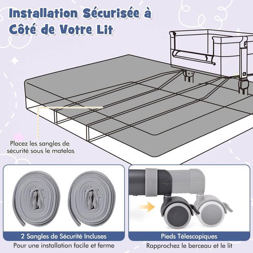 Lit Cododo Bébé Avec Matelas Et 6 Hauteur Réglable(75-85cm), Charge 9kg Pour 0-6 Mois (gris Clair)