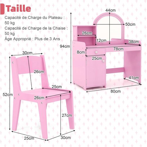 2 En 1 Coiffeuse Enfant avec Tabouret Et 120 Lumières LED,2 Étagère+Tiroir,Rose