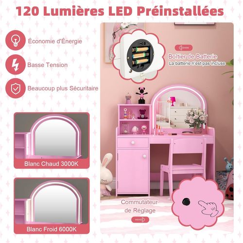 2 En 1 Coiffeuse Enfant avec Tabouret Et 120 Lumières LED,2 Étagère+Tiroir,Rose