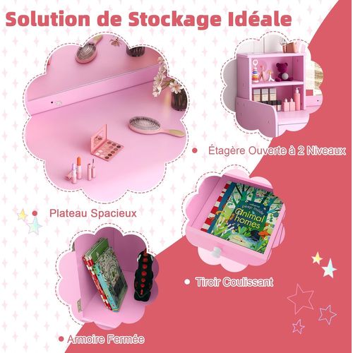 2 En 1 Coiffeuse Enfant avec Tabouret Et 120 Lumières LED,2 Étagère+Tiroir,Rose