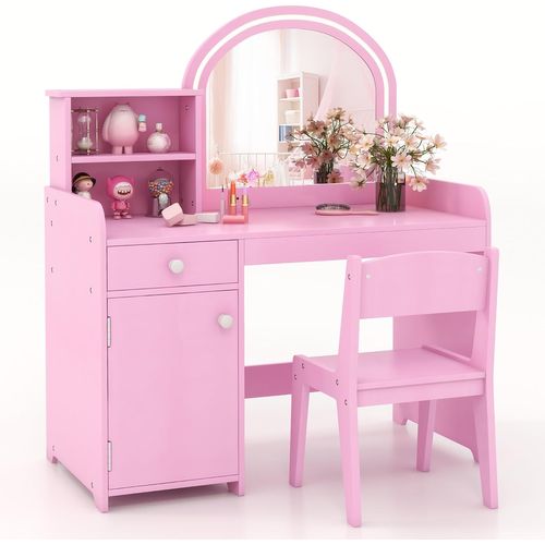 2 En 1 Coiffeuse Enfant avec Tabouret Et 120 Lumières LED,2 Étagère+Tiroir,Rose