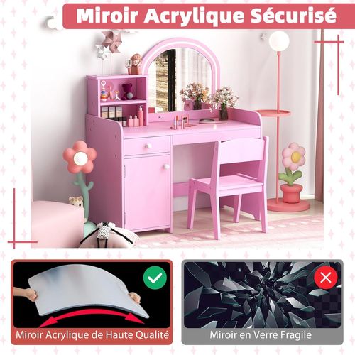 2 En 1 Coiffeuse Enfant avec Tabouret Et 120 Lumières LED,2 Étagère+Tiroir,Rose