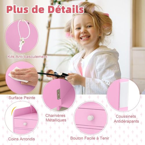 2 En 1 Coiffeuse Enfant avec Tabouret Et 120 Lumières LED,2 Étagère+Tiroir,Rose