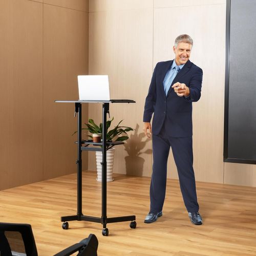 Podium Debout Mobile, Pupitre 104,5-128,5 Cm, Petit Bureau Debout Roulant, Étagère De Rangement Noir