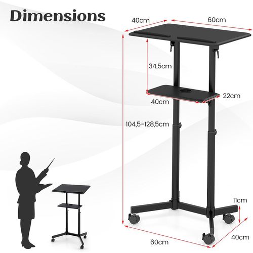 Podium Debout Mobile, Pupitre 104,5-128,5 Cm, Petit Bureau Debout Roulant, Étagère De Rangement Noir