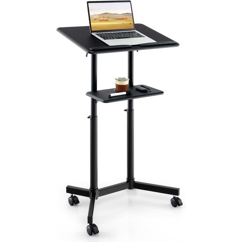 Podium Debout Mobile, Pupitre 104,5-128,5 Cm, Petit Bureau Debout Roulant, Étagère De Rangement Noir