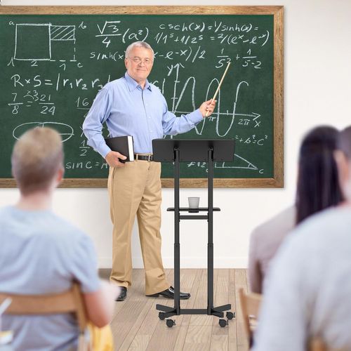 Podium Debout Mobile, Pupitre 104,5-128,5 Cm, Petit Bureau Debout Roulant, Étagère De Rangement Noir