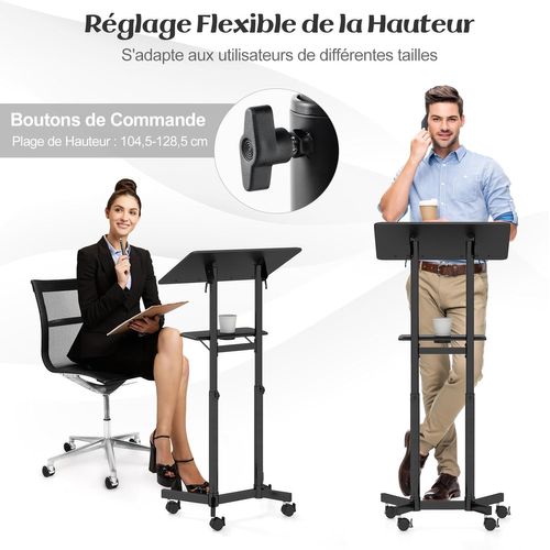 Podium Debout Mobile, Pupitre 104,5-128,5 Cm, Petit Bureau Debout Roulant, Étagère De Rangement Noir