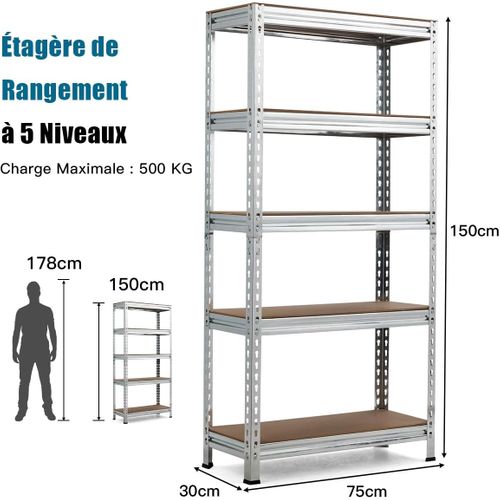Étagère De Rangement à 5 Niveaux 30 X 75 X 150 Cm, Charge 100 Kg Par Niveau