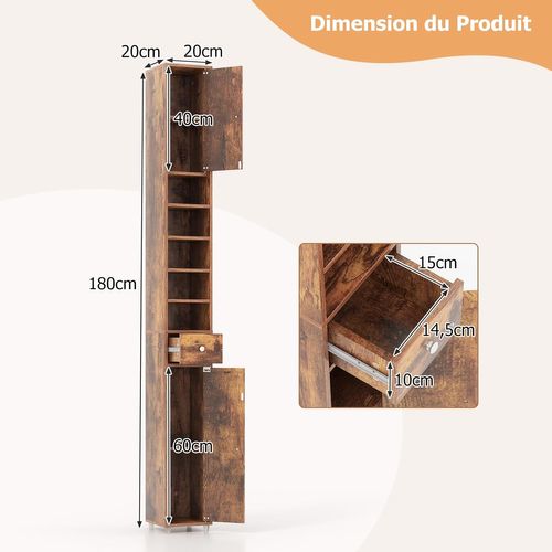 Meuble De Rangement Salle De Bain, Meuble Colonn, 20 X 20 X 180 Cm, Marron Rustique