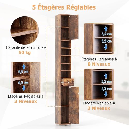 Meuble De Rangement Salle De Bain, Meuble Colonn, 20 X 20 X 180 Cm, Marron Rustique