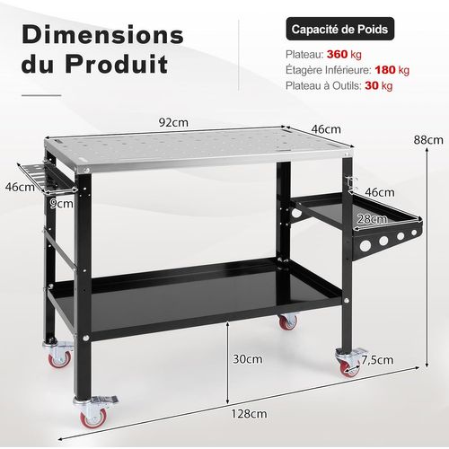 Table De Soudure Roulant 92 X 46 Cm, Établi De Soudage, Support Et Plateau à Outils Charge 540kg