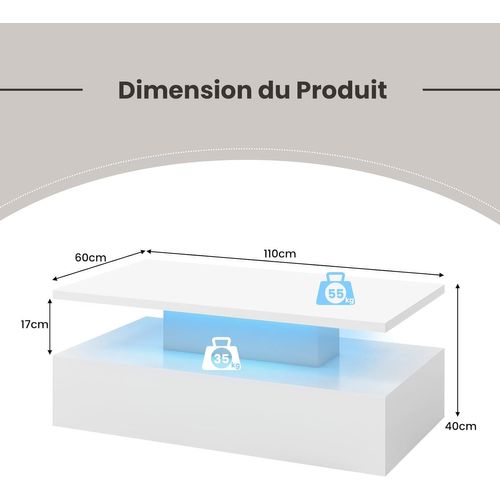 Table Basse LED De Salon 20 Lumières Réglables Avce Télécommande, 8 Luminosité,blanc