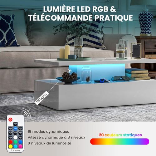 Table Basse LED De Salon 20 Lumières Réglables Avce Télécommande, 8 Luminosité,blanc