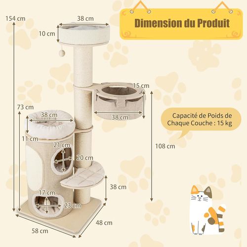 Arbre à Chat 154 Cm, Tour Chat Griffoir, Poteaux à Griffer 14 Cm, Coussins Amovible, Naturel