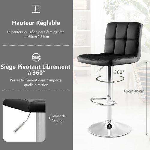 Tabouret De Bar, Chaise Bar Pivotante, Hauteur Réglable 65-85 Cm, Repose-pieds, Noir