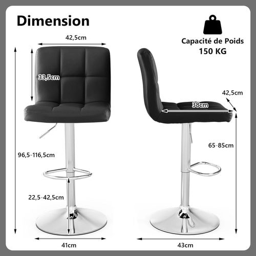 Lot De 2 Tabouret De Bar, Chaise Bar Pivotante, Hauteur Réglable 65-85 Cm, Repose-pieds, Noir