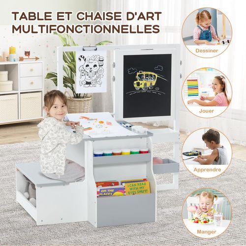 2 En 1 Bureau Enfants En Bois Avec Banc Et Etagères, Tableau Enfant, Charge 50kg (gris+blanc)