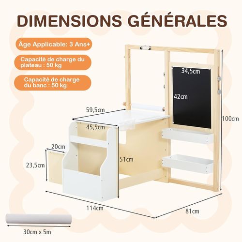 2 En 1 Bureau Enfants En Bois Avec Banc Et Etagères, Tableau Enfant, Charge 50kg (blanc)