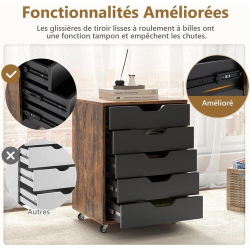 Caisson Bureau 5 Tiroirs, Caisson De Rangement à Roulette, Marron Rustique, 49 X 40 X 65 Cm