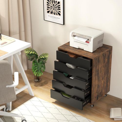 Caisson Bureau 5 Tiroirs, Caisson De Rangement à Roulette, Marron Rustique, 49 X 40 X 65 Cm