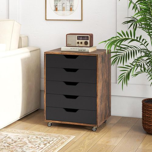 Caisson Bureau 5 Tiroirs, Caisson De Rangement à Roulette, Marron Rustique, 49 X 40 X 65 Cm