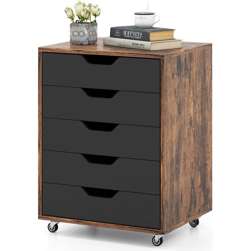 Caisson Bureau 5 Tiroirs, Caisson De Rangement à Roulette, Marron Rustique, 49 X 40 X 65 Cm
