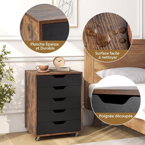 Caisson Bureau 5 Tiroirs, Caisson De Rangement à Roulette, Marron Rustique, 49 X 40 X 65 Cm