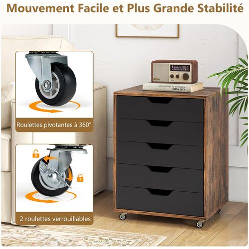 Caisson Bureau 5 Tiroirs, Caisson De Rangement à Roulette, Marron Rustique, 49 X 40 X 65 Cm