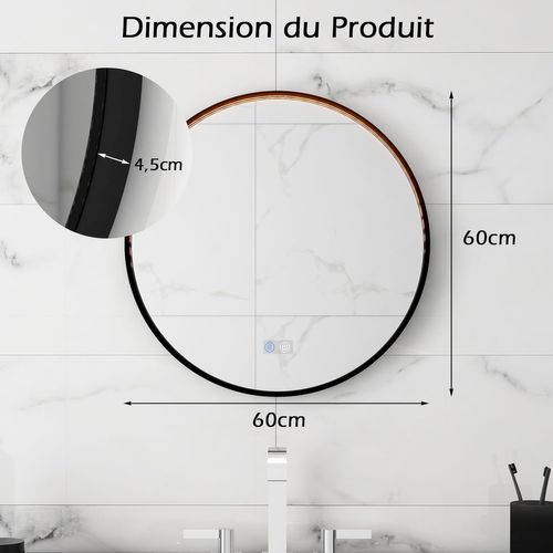 Miroir Salle De Bain Avec Eclairage 60 X 60 Cm,Miroir Rond LED Antibuee,Désembuage Rapide,Noir