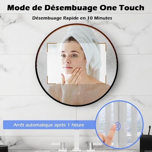 Miroir Salle De Bain Avec Eclairage 60 X 60 Cm,Miroir Rond LED Antibuee,Désembuage Rapide,Noir