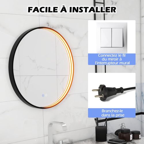 Miroir Salle De Bain Avec Eclairage 60 X 60 Cm,Miroir Rond LED Antibuee,Désembuage Rapide,Noir