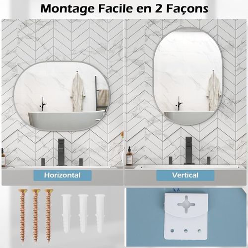 Miroir Salle De Bain 70,5 X 50,5 Cm, Miroir Mural Ovale, Miroir Maquillage, Supports Muraux
