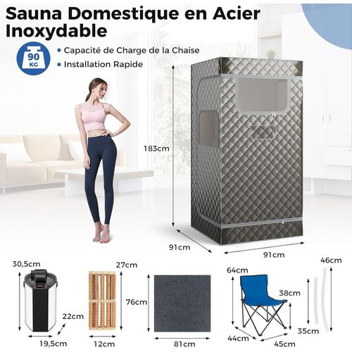 Sauna à Vapeur Portable 3l Avec Chaise Pliable, Tente De Sauna Avec 9 Niveaux Température (gris)