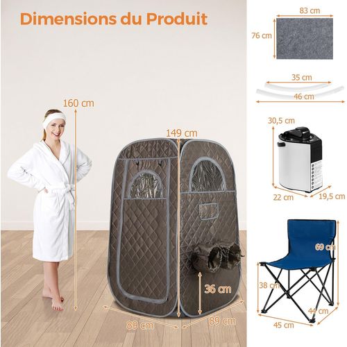 Sauna à Vapeur Portable 3l 1 000w Avec Chaise Pliable, Tente De Sauna Pour 1-2 Personnes (gris)
