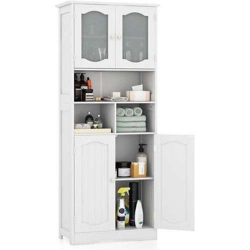 Meuble De Salle De Bain à 4 Portes Et 3 Compartiments Ouvertes, 30 X 60 X 148,5 Cm, Blanc