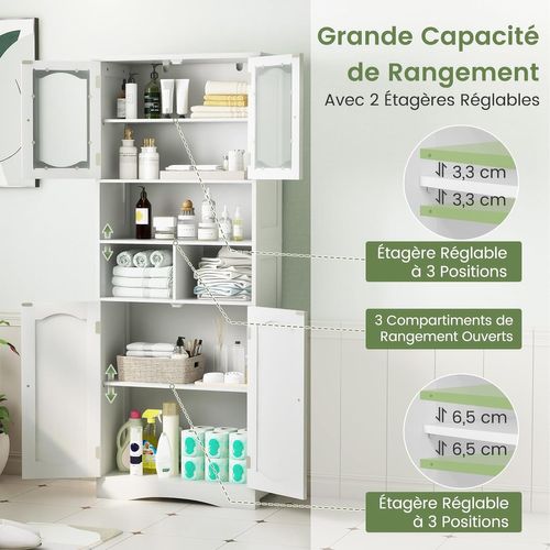 Meuble De Salle De Bain à 4 Portes Et 3 Compartiments Ouvertes, 30 X 60 X 148,5 Cm, Blanc