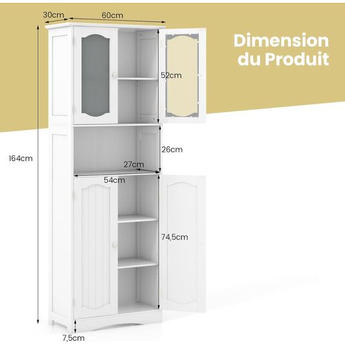 Meuble De Salle De Bain à 4 Portes Et 1 Grand Compartiment Ouverte, 30 X 60 X 164 Cm, Blanc