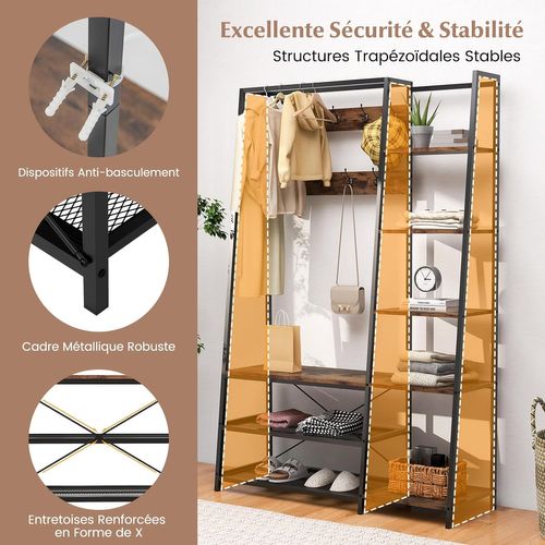 Porte Manteaux 180 Cm, Meuble D'entrée 3 En 1, Banc à Chaussures, 9 Patères Double