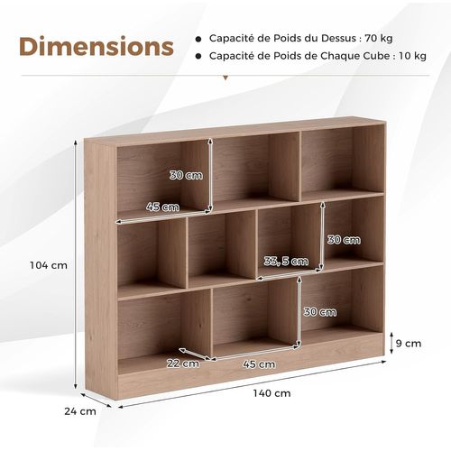 Bibliothèque Etagère à 10 Cases, Armoire De Rangement Autoportante à 3 Niveaux, Bureau, Naturel