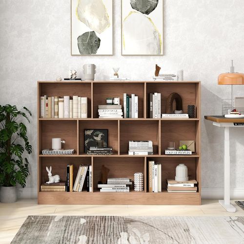 Bibliothèque Etagère à 10 Cases, Armoire De Rangement Autoportante à 3 Niveaux, Bureau, Naturel