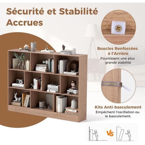 Bibliothèque Etagère à 10 Cases, Armoire De Rangement Autoportante à 3 Niveaux, Bureau, Naturel