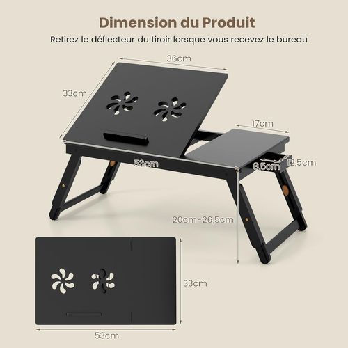 Table De Lit Pliable 53 X 33 Cm, Plateau De Lit En Bambou Avec Pieds Réglables (marron)