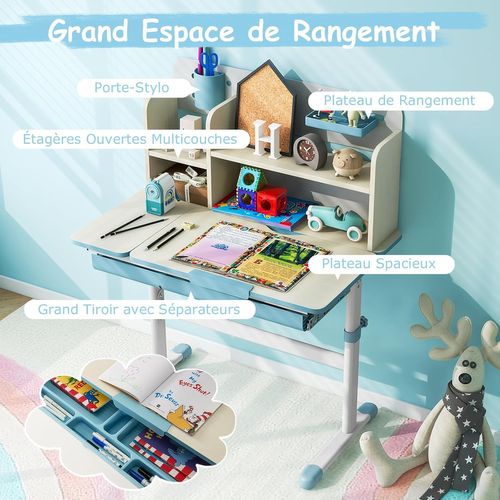 Bureau Enfants Avec Réglable En Hauteur (50,5-73 Cm) Et Plateau Inclinable(0-60°), Charge 100kg Bleu