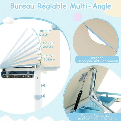 Bureau Enfants Avec Réglable En Hauteur (50,5-73 Cm) Et Plateau Inclinable(0-60°), Charge 100kg Bleu