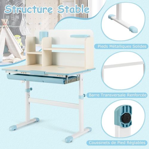 Bureau Enfants Avec Réglable En Hauteur (50,5-73 Cm) Et Plateau Inclinable(0-60°), Charge 100kg Bleu
