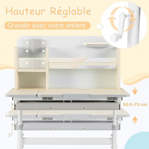 Bureau Enfants Avec Réglable En Hauteur (50,5-73 Cm) Et Plateau Inclinable(0-60°), Charge 100kg Gris