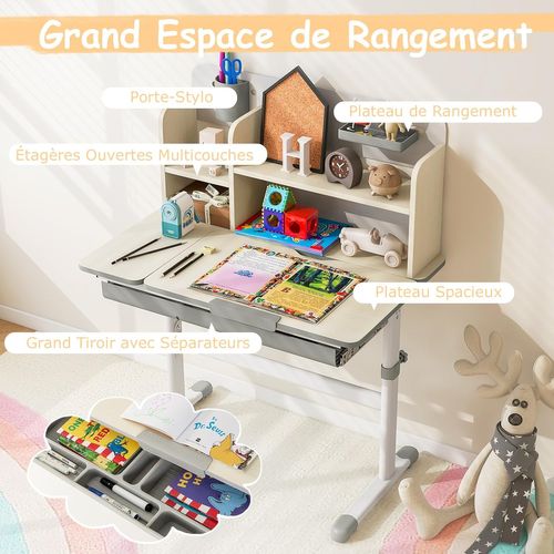 Bureau Enfants Avec Réglable En Hauteur (50,5-73 Cm) Et Plateau Inclinable(0-60°), Charge 100kg Gris