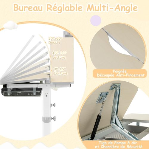 Bureau Enfants Avec Réglable En Hauteur (50,5-73 Cm) Et Plateau Inclinable(0-60°), Charge 100kg Gris