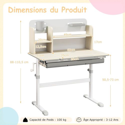 Bureau Enfants Avec Réglable En Hauteur (50,5-73 Cm) Et Plateau Inclinable(0-60°), Charge 100kg Gris